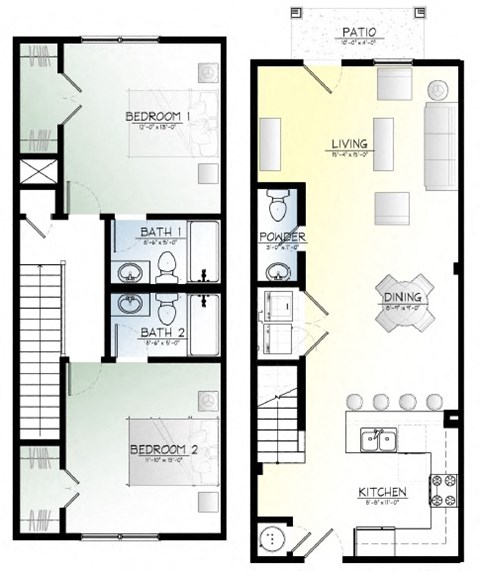 Floor plan for 2 beds, 2.5 baths, 1215 sqft